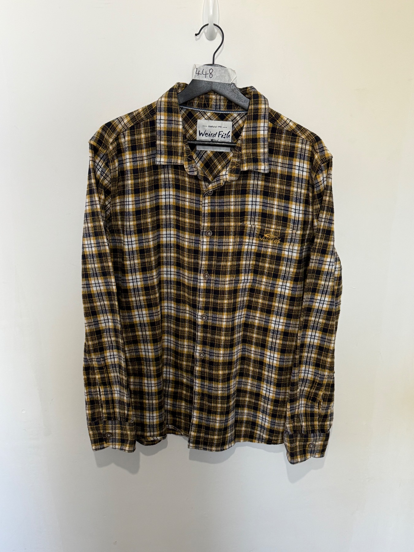 Weird Fish Mens Flannel Shirt Large Yellow Navy Plaid Check Long Sleeve Pocket