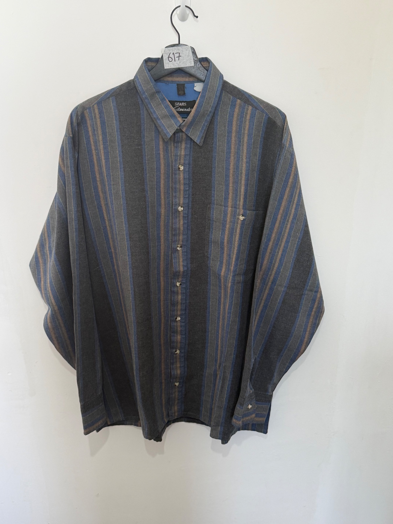 Vintage Sears Westminster Striped Shirt Mens XL Tall Blue Grey Button Up Retro