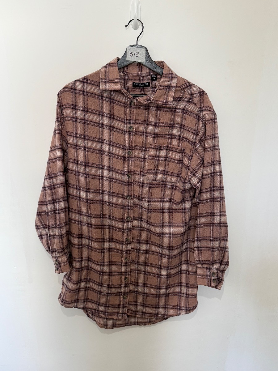 Brave Soul London Mens M Brown Beige Check Plaid Flannel Shirt Long Sleeve Pocket