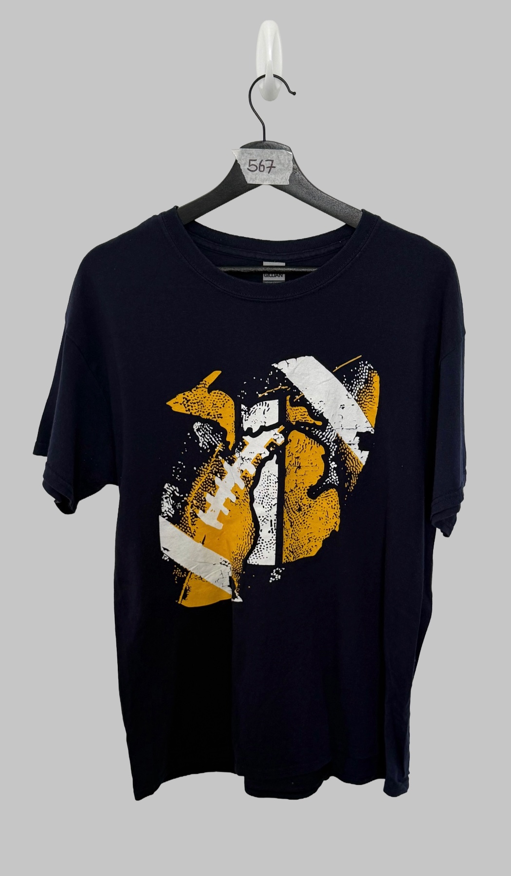 Gildan Heavy Cotton Navy Blue Graphic Football T-Shirt Mens Size Large L Tee