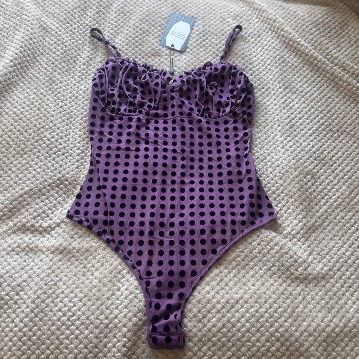 Brand new black and purple mesh polka dot casual summer holiday brunch bodysuit size 8