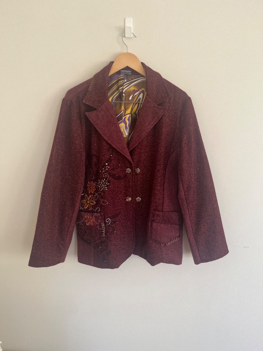 Phool Vintage Burgundy Patchwork Embroidered Blazer | Women’s Size 18