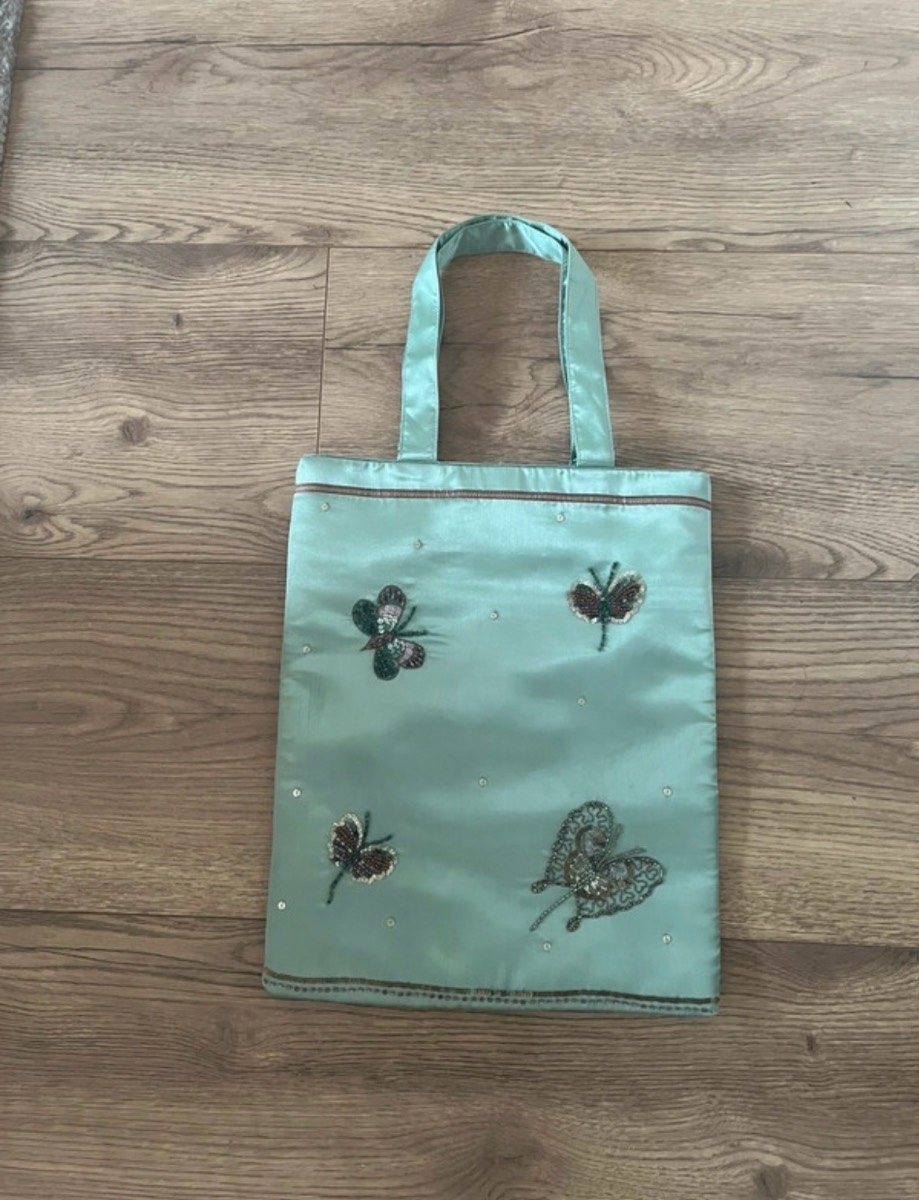 Mint Green Butterfly Embroidered Silk Tote Bag