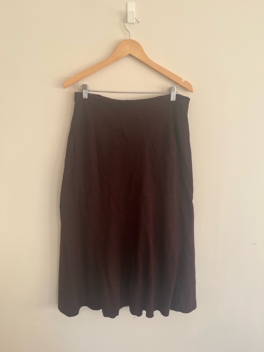Anne Brookes Deep Brown Witchery Linen Relaxed Midi Skirt | Women’s Size 14 Petite