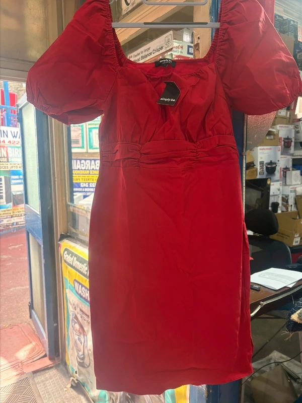 Simply Be Bengaline Red Puff Sleeves Ruched Mini  Dress-Square Neck Line- Size 14 - New with Tags