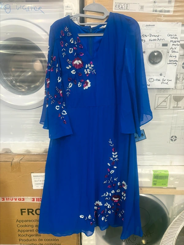 Raishma Studio India Royal Blue Floral Embroidered Dress - with Cape Sleeves -V Neck -Midi- Size 10