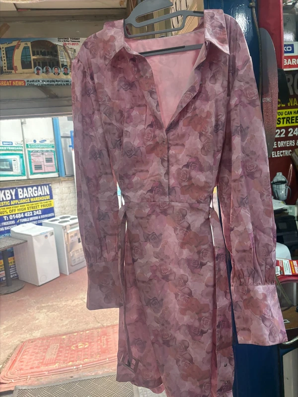 Chi Chi London Pink Tonal Rose Floral Print Long Sleeve Belted Shirt Mini Dress-Size 24- New