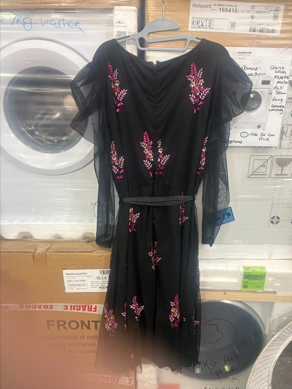 Raishma Studio Niamh Black Beaded Dress-Magenta & Gold Embroidery & Beading-Sheer Sleeves-Size 22