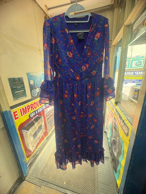 Joanna Hope Tiered Frill Sleeve Midi Dress Blue Folk Floral Ruffle V-Neck-Size 12 - New