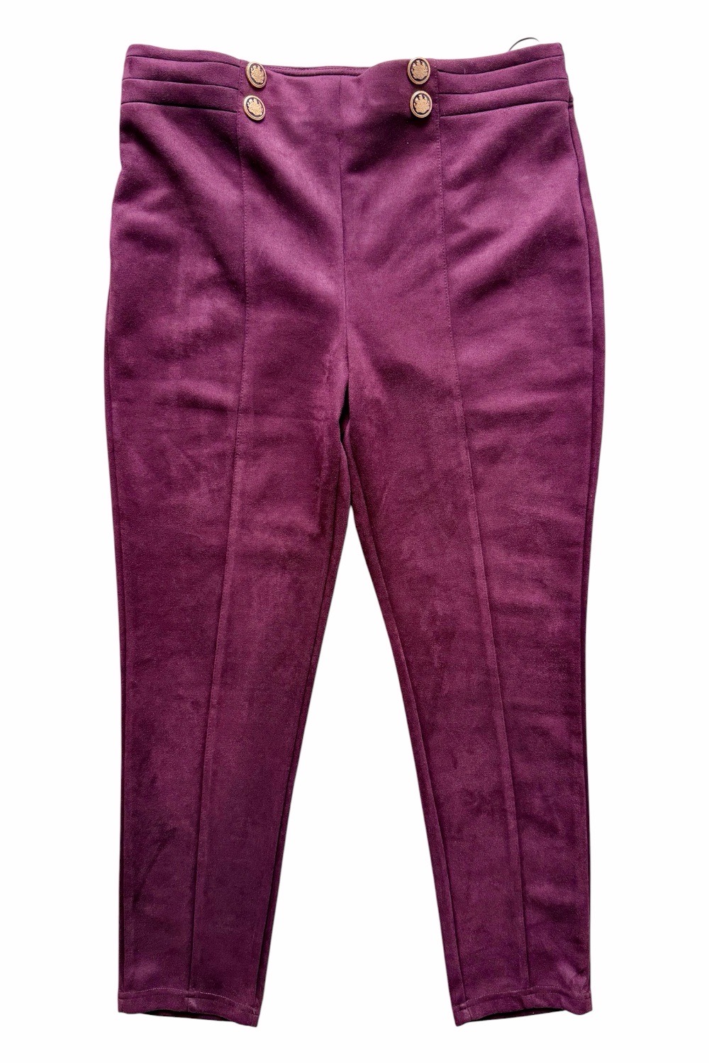 Klass plum suedette pull on trousers with gold button detailing size 14 excellent condition