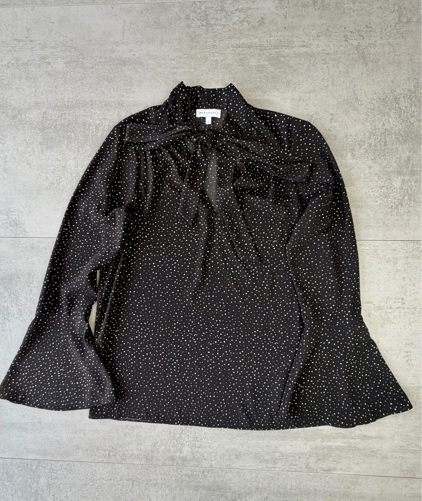 Warehouse Black & White Polka Dot Tie-Neck Blouse - Size 10