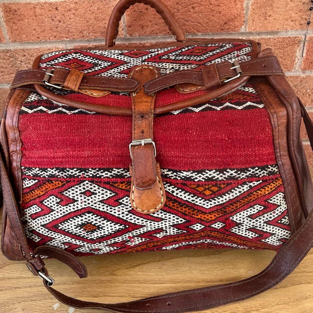 Handmade Moroccan Kilim Leather Carpet Bag Travel Weekender Overnight Holdall