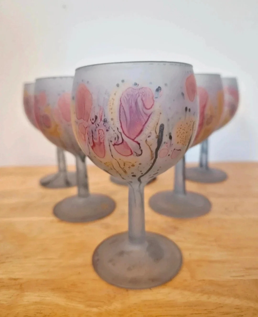 Vintage Frosted Small Rueven Art Nouveau Wine Glasses Watercolour Oil Slick Retro 70s Kitsch Set 6