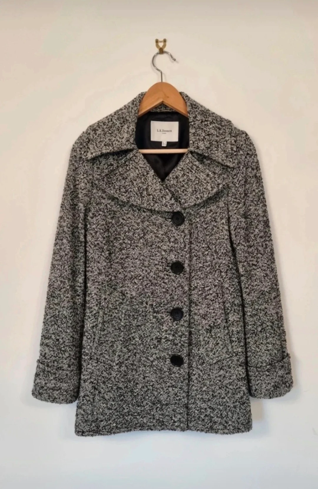 LK Bennett Grey Black Wool Mix Coat Autumn Winter Versatile Work Size 8