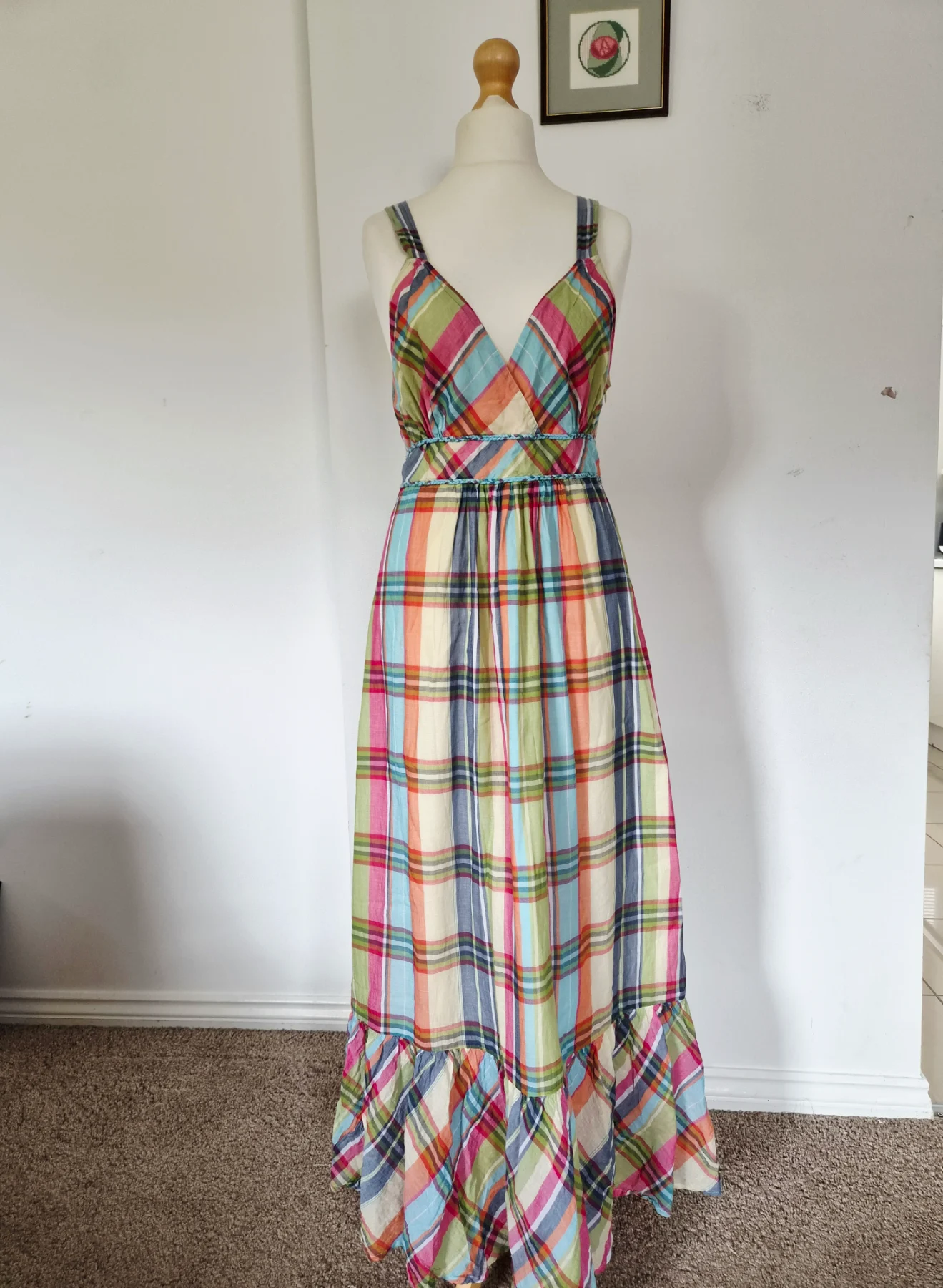 Marks and Spencers Colourful Plaid Maxi Summer Dress Prairie Peasant Cotton Size 12