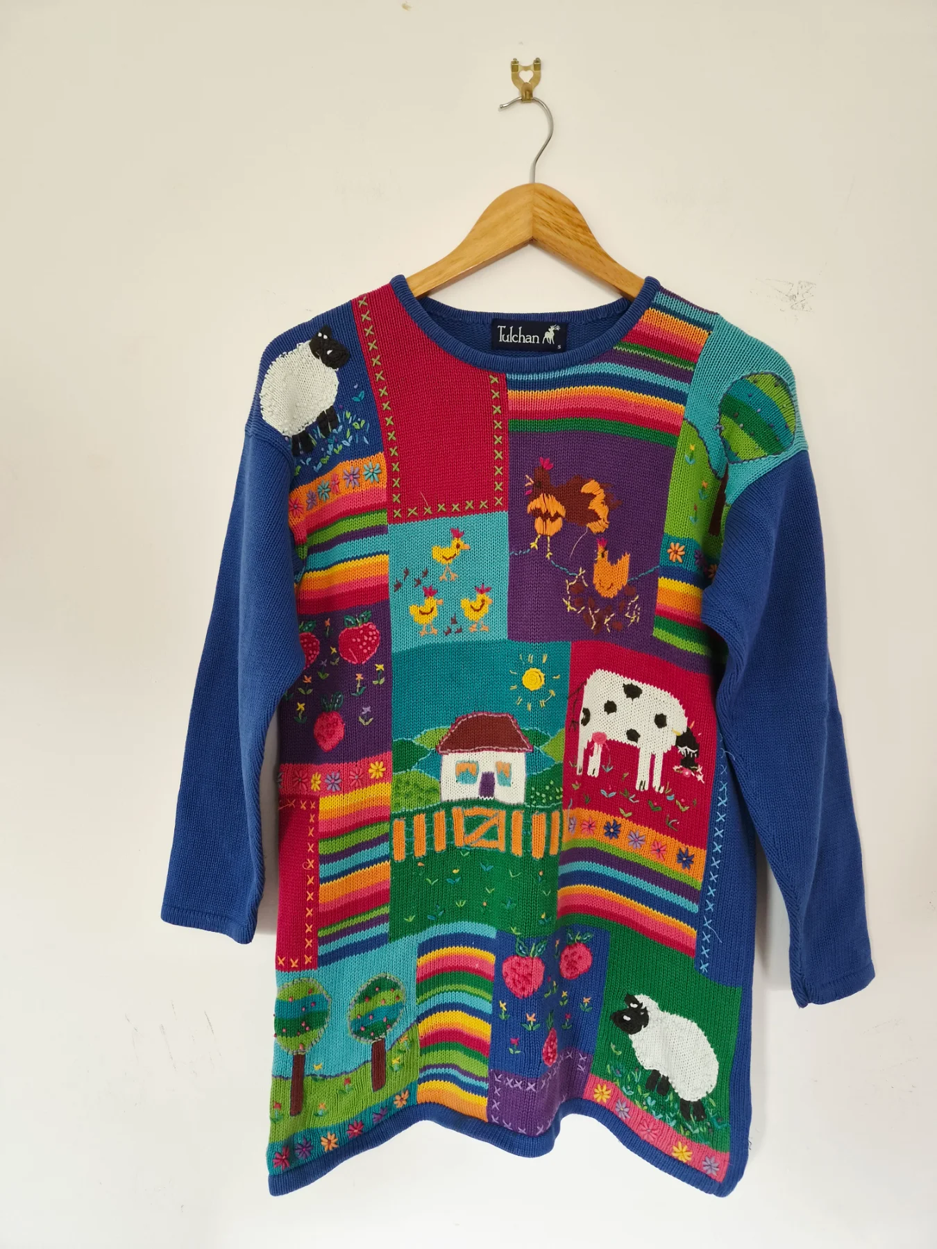 Vintage Tulchan Blue Farmyard Animal Jumper 100% Cotton Kitcsh Autumn Quirky Small
