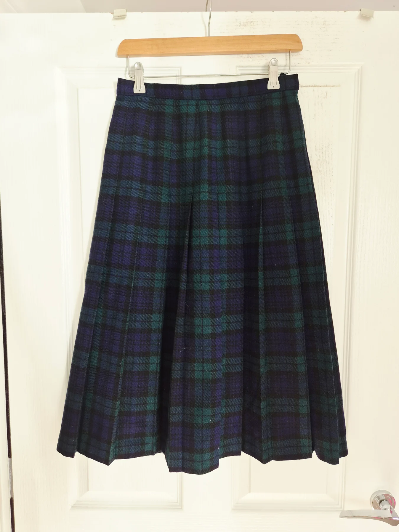 Vintage Pitlochry Blue Green Black Watch Tartan Midi Skirt Kilt Scottish Wool Preppy Size 8