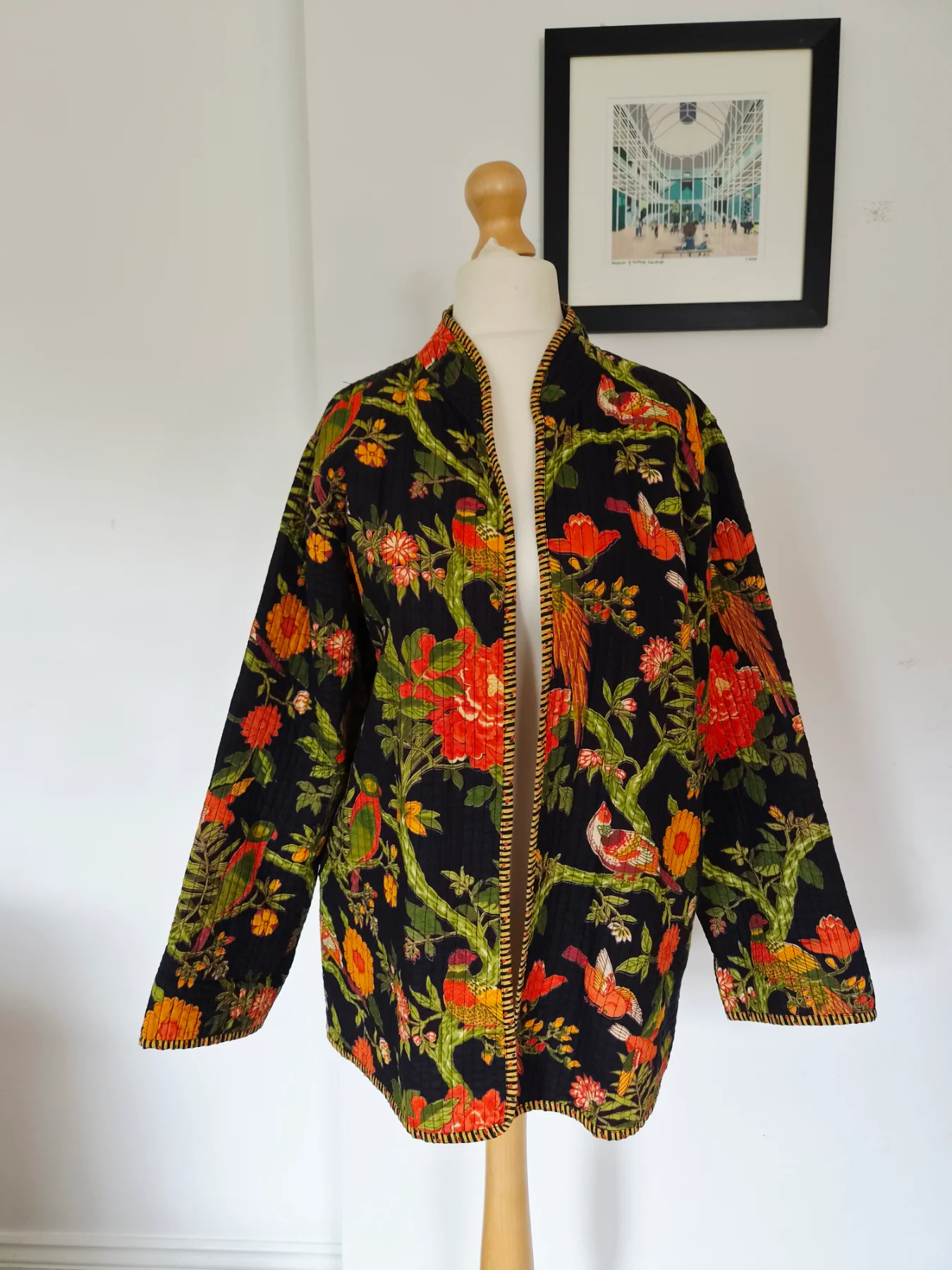 Vintage Quilted Bohemian Blazer Jacket Black Orange Tropical Bird Floral Print Autumn Size 14