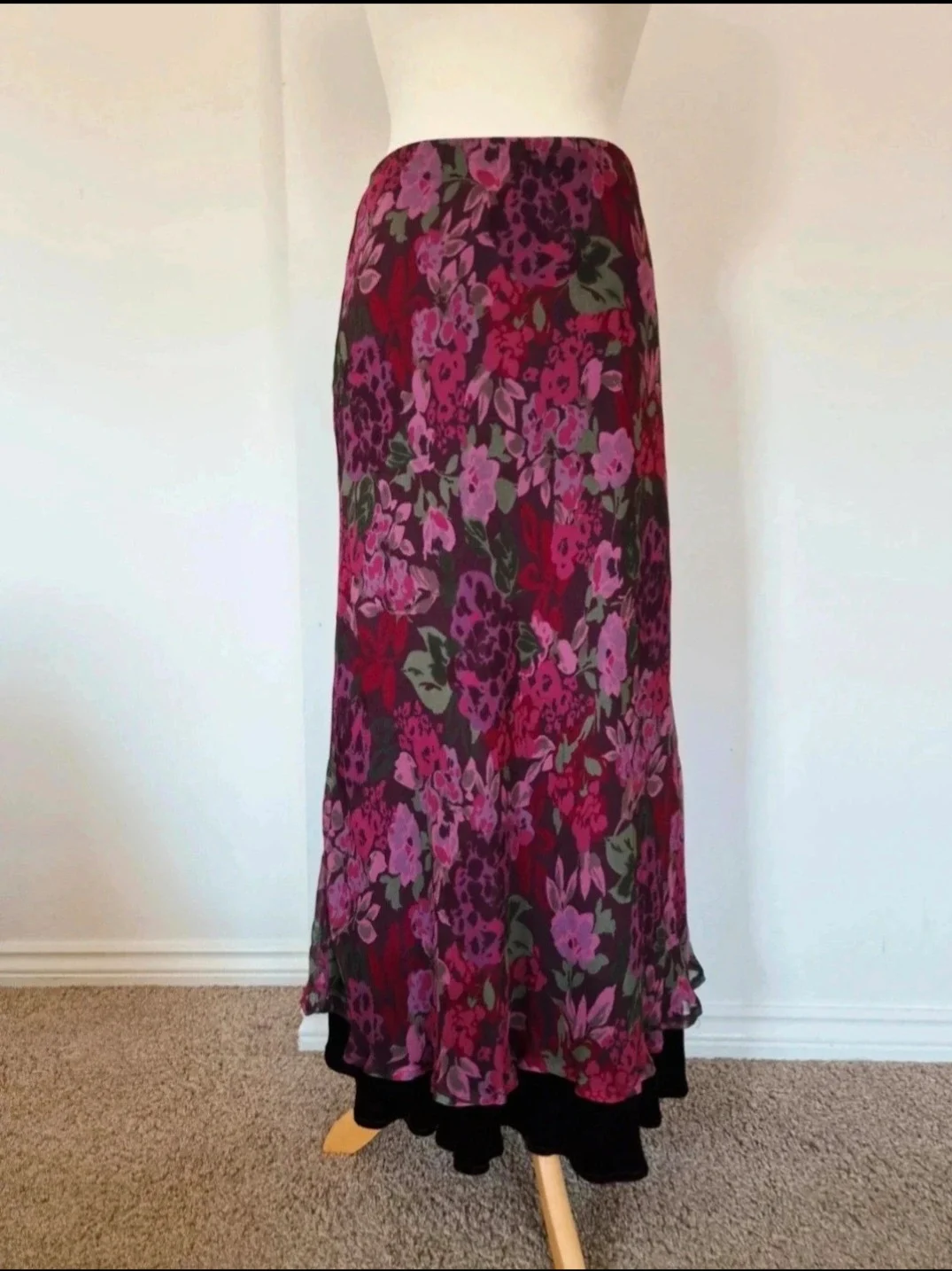 Vintage ALEX&Co Purple Burgundy Floral Maxi Skirt Silk Velvet Gothic Autumn Luxurious Size 14
