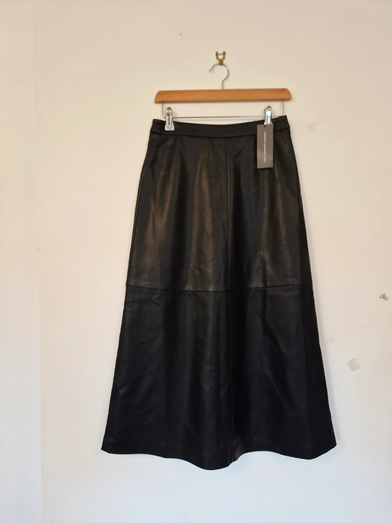 French Connection Black Faux Leather A-line Midi Skirt Size 8 NWT