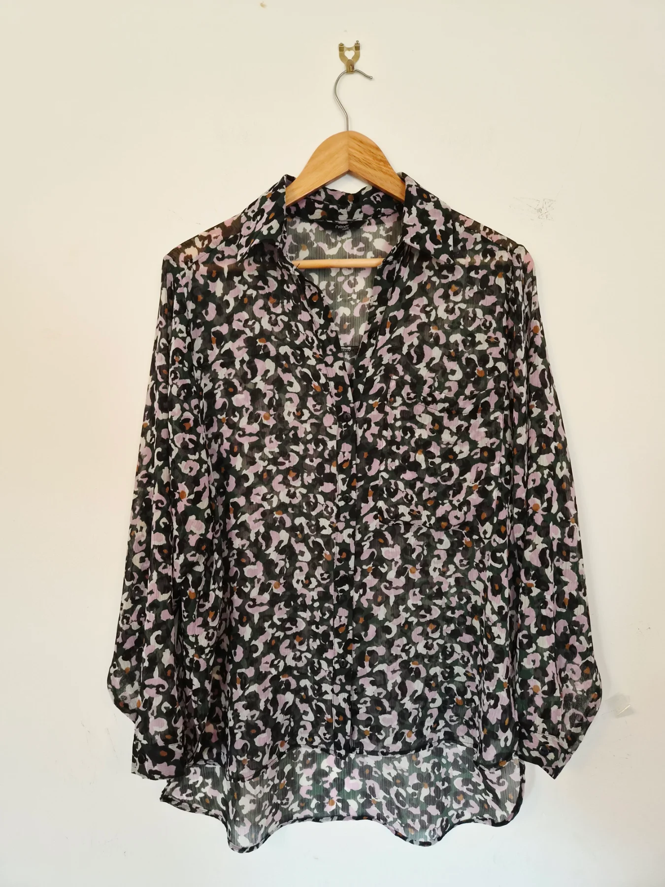 Next Green and Pink Leopard Print Sheer Shirt Blouse Work Casual Size 10
