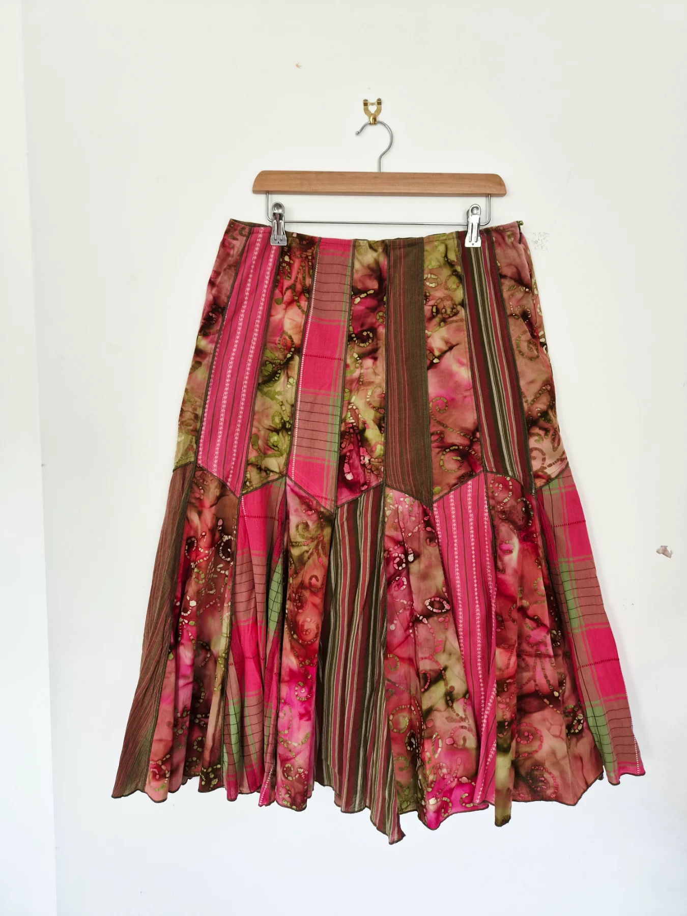 Vintage Per Una Y2K Pink Green Patchwork Midi Skirt Tiedye Tartan Boho Festival Fairycore Size 12
