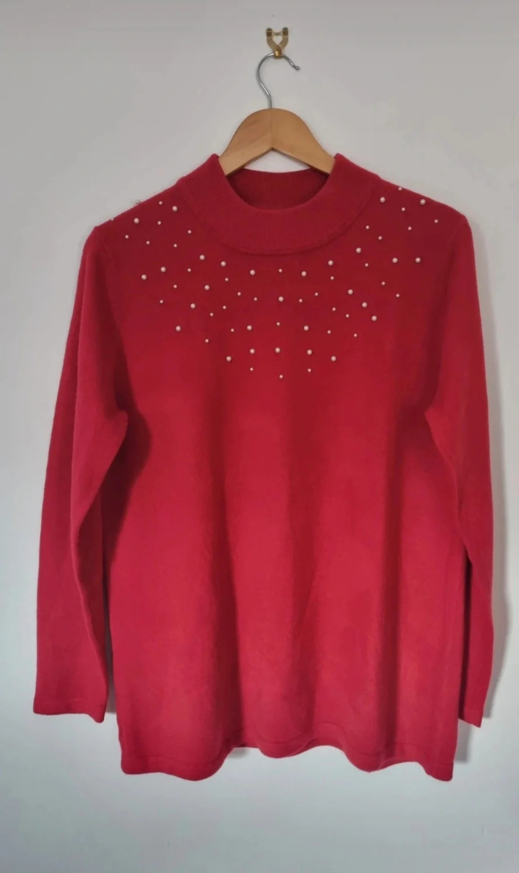 Lovely Damart Bright Red Jumper Pearl Embellishment Autumn Festive Size 18