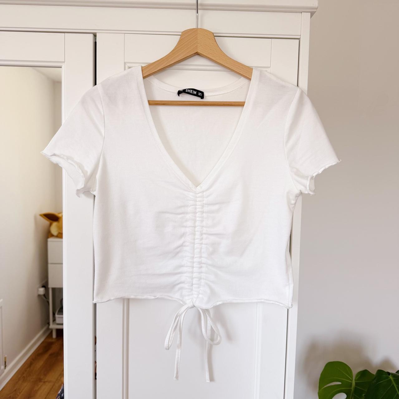 Shein White Ruched V Neck Crop Top