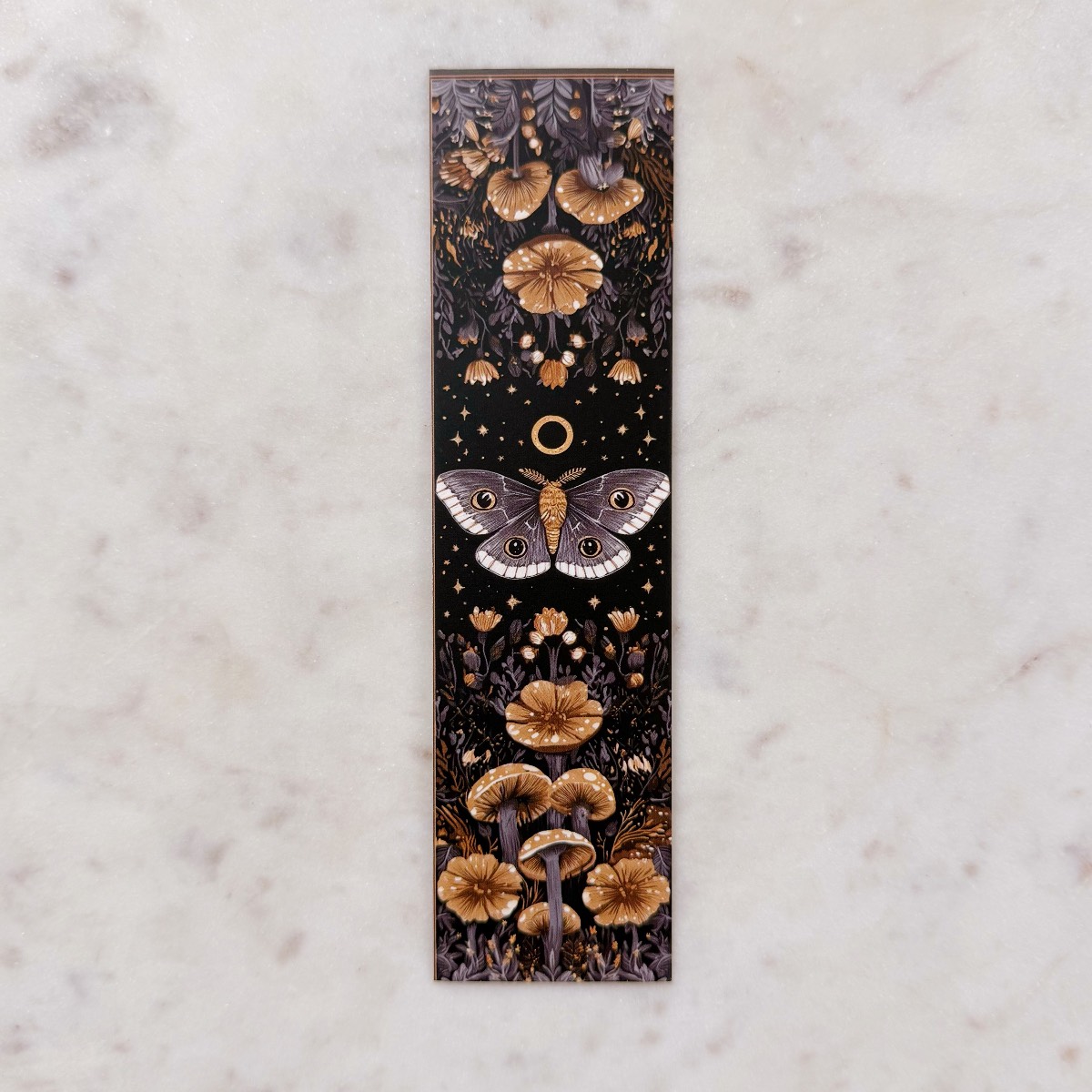 Moth with Tan Toadstools and Flowers Patterned Card Bookmark