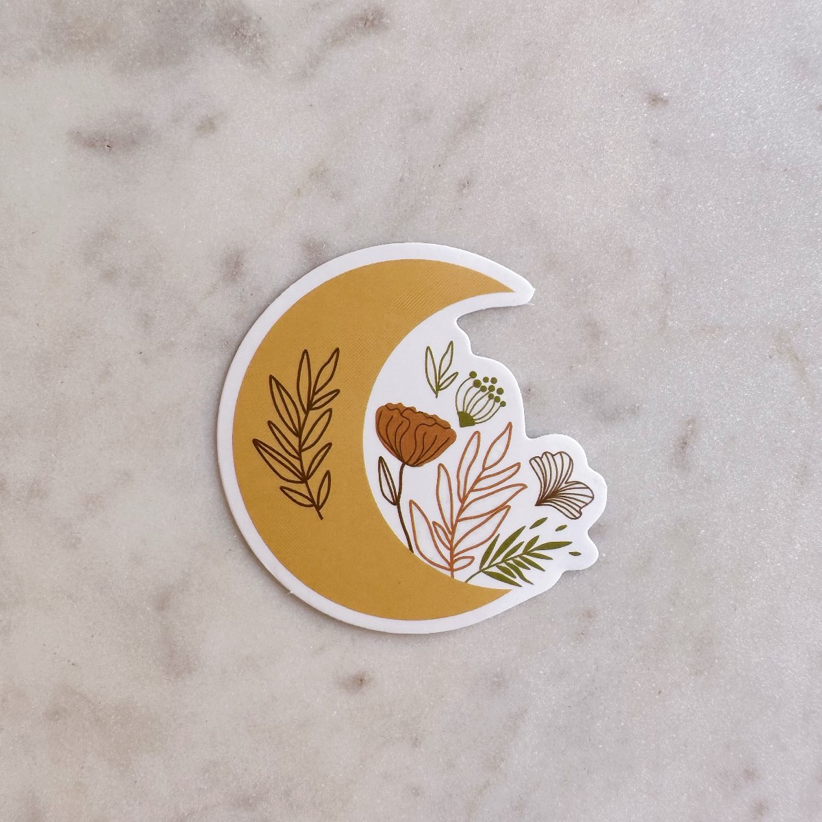 Gold Crescent Moon with Flowers and Leaves Water Resistant Vinyl Sticker #2