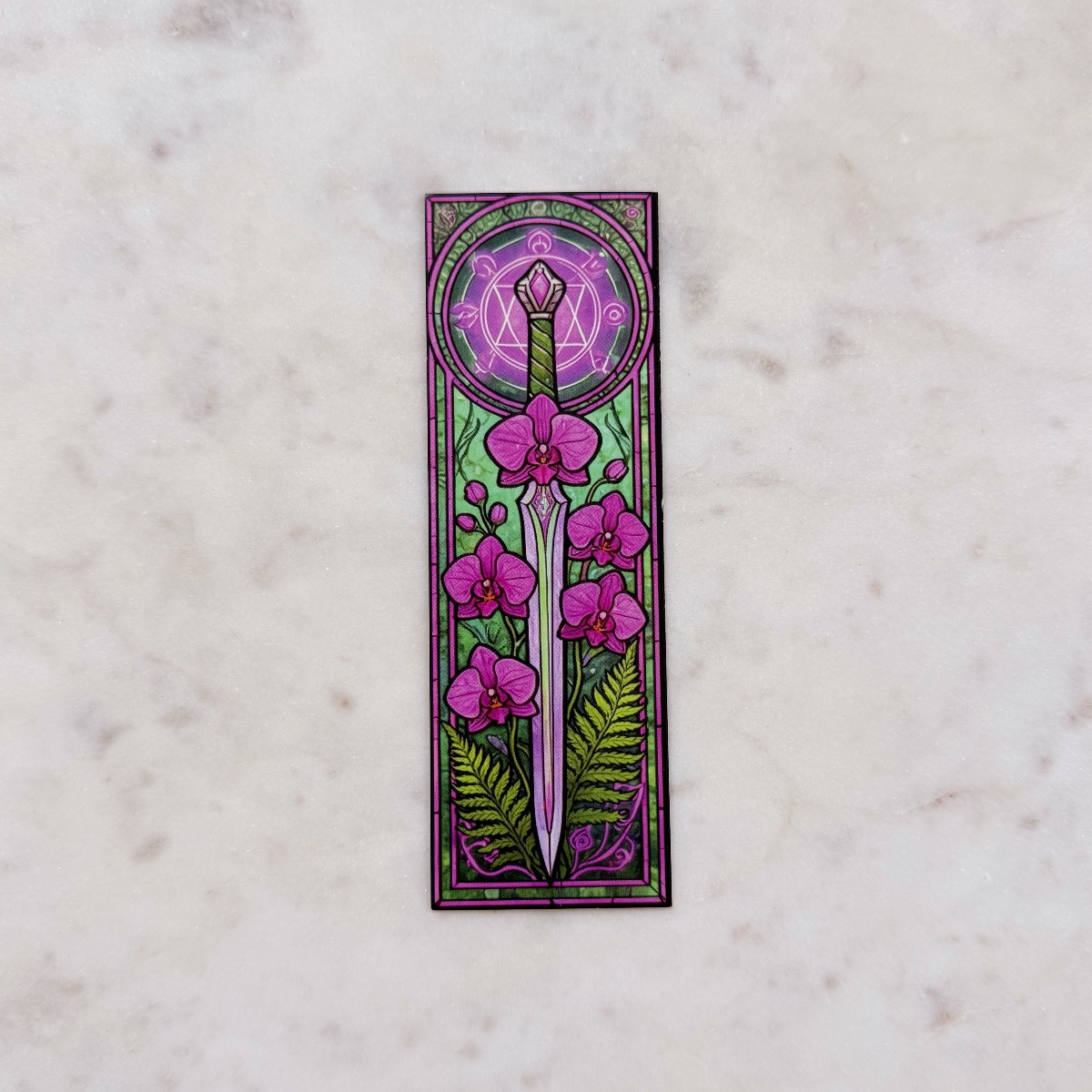 Stained Glass Window with Orchid Sword Card Bookmark
