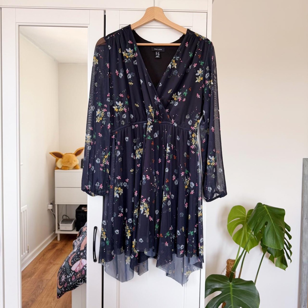 New Look Black/Navy Floral Wrap Front Long Sleeve Dress