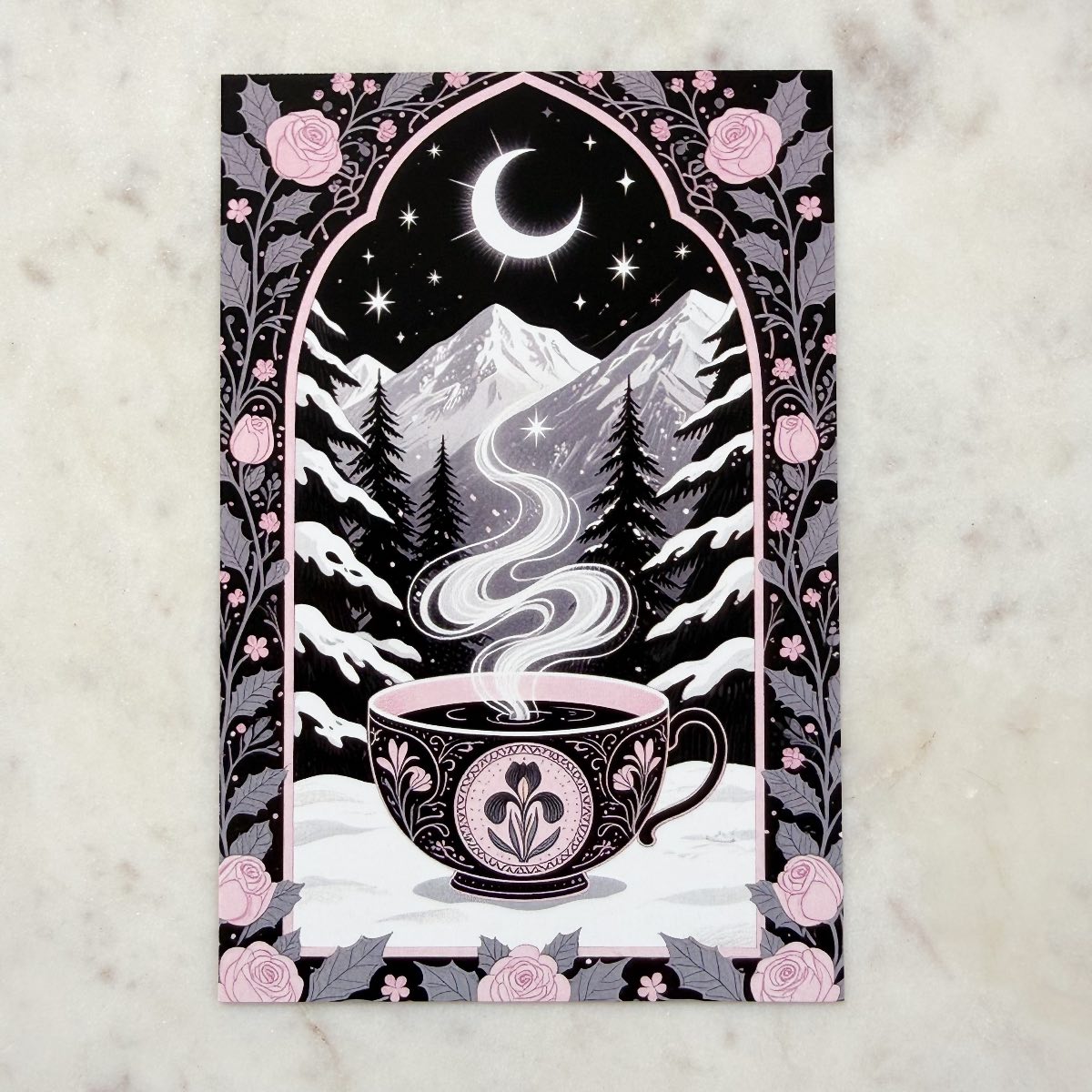 Floral Window Arch with Mountain Landscape Postcard Art Print #4