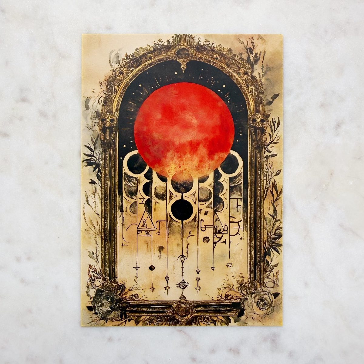Floral Window Arch with Red Planet and Symbols Postcard Art Print
