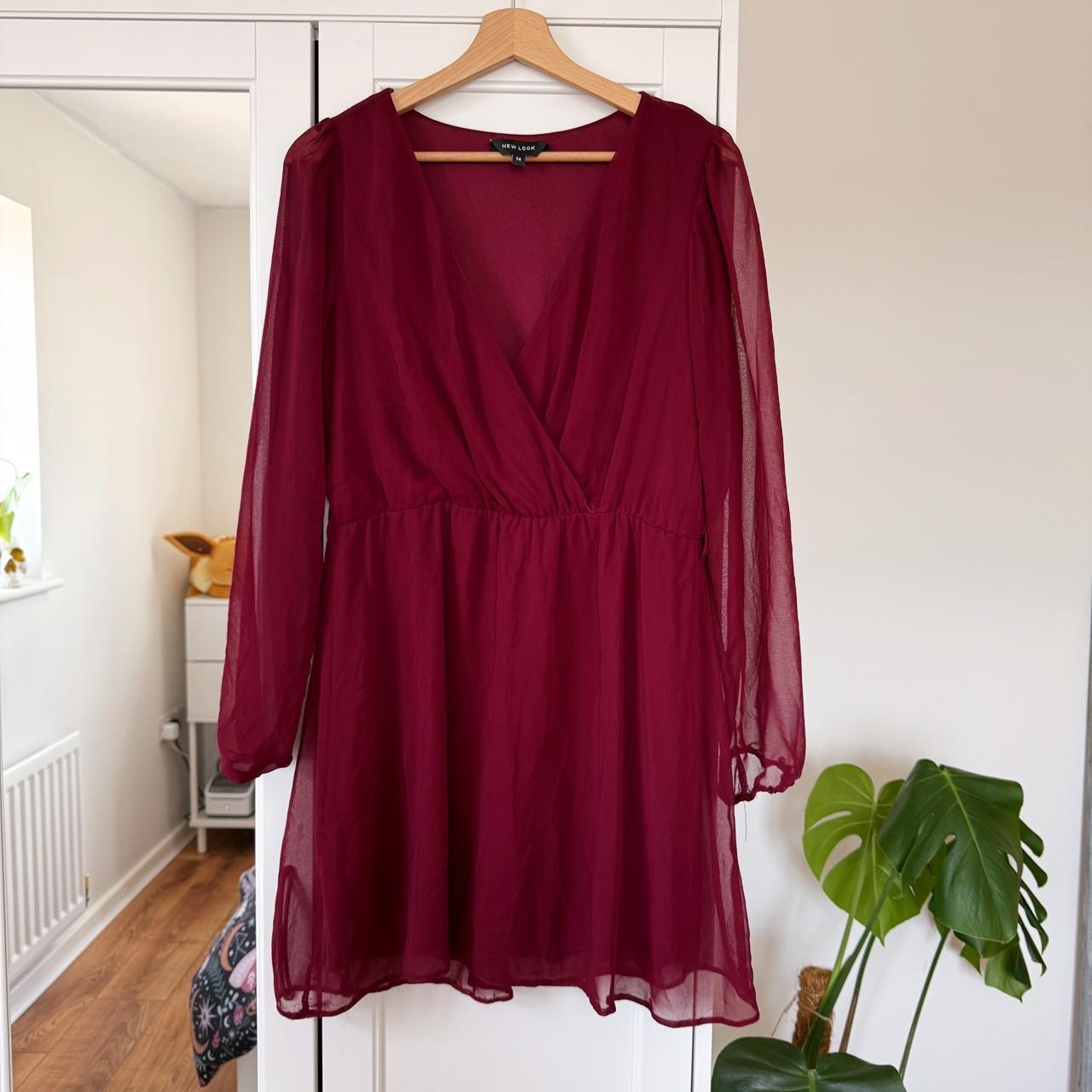 New Look Burgundy Wrap Front Long Sleeve Dress