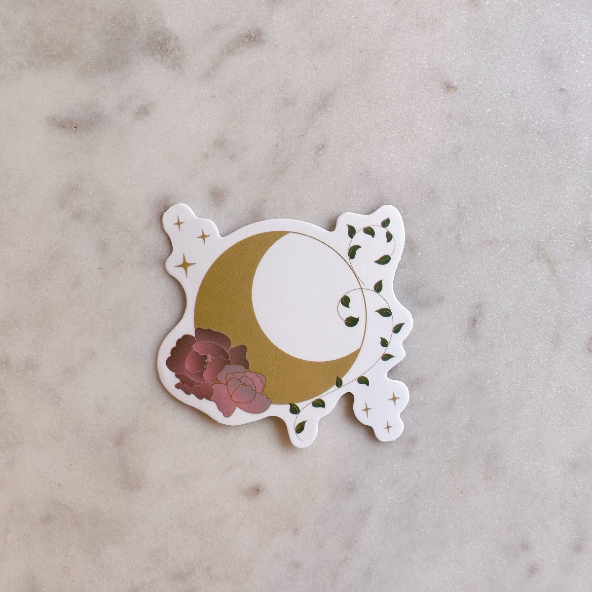 Gold Crescent Moon with Flowers and Leaves Water Resistant Vinyl Sticker