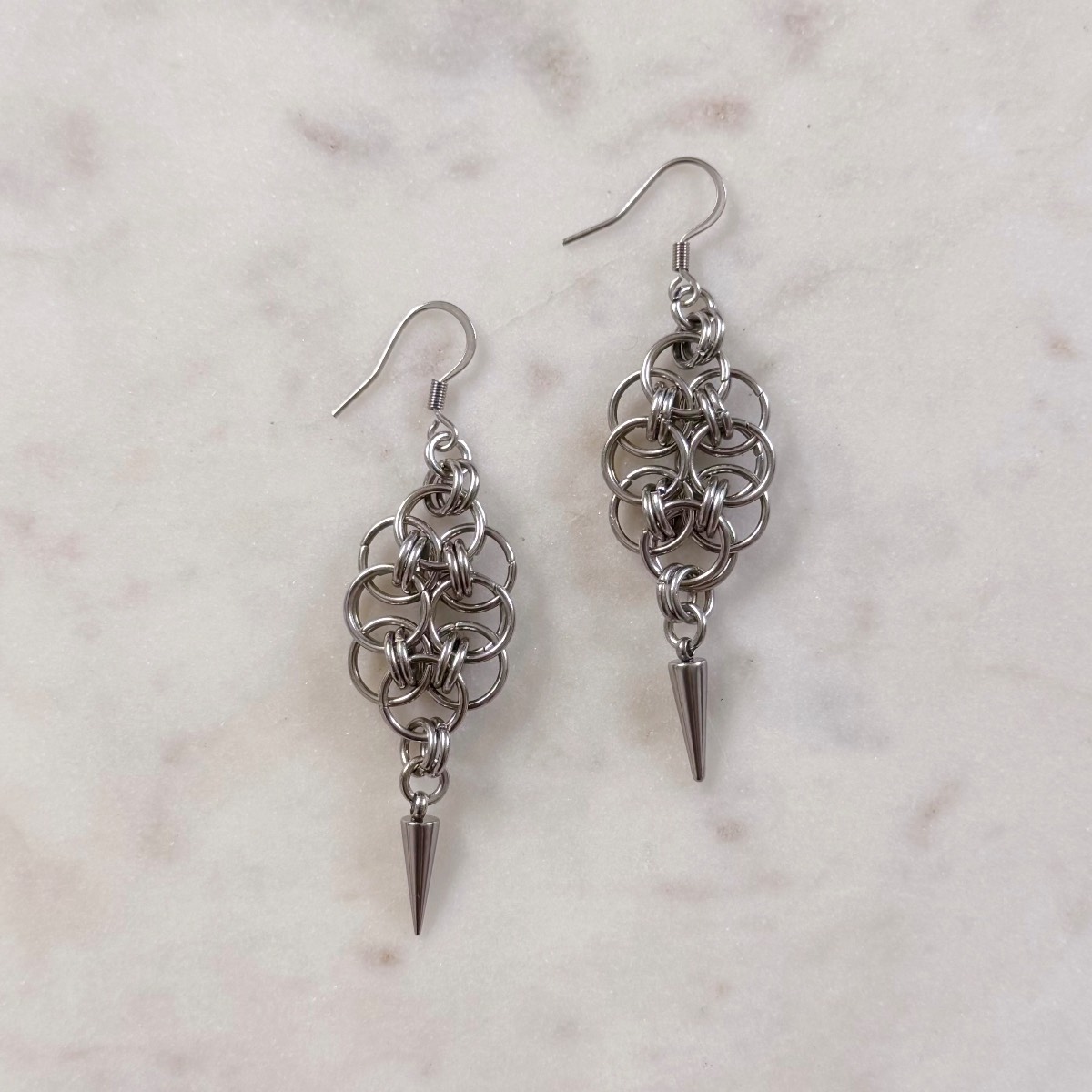 Handmade Stainless Steel Oval Helm Weave Chainmail Dangle Drop Earrings with Spikes