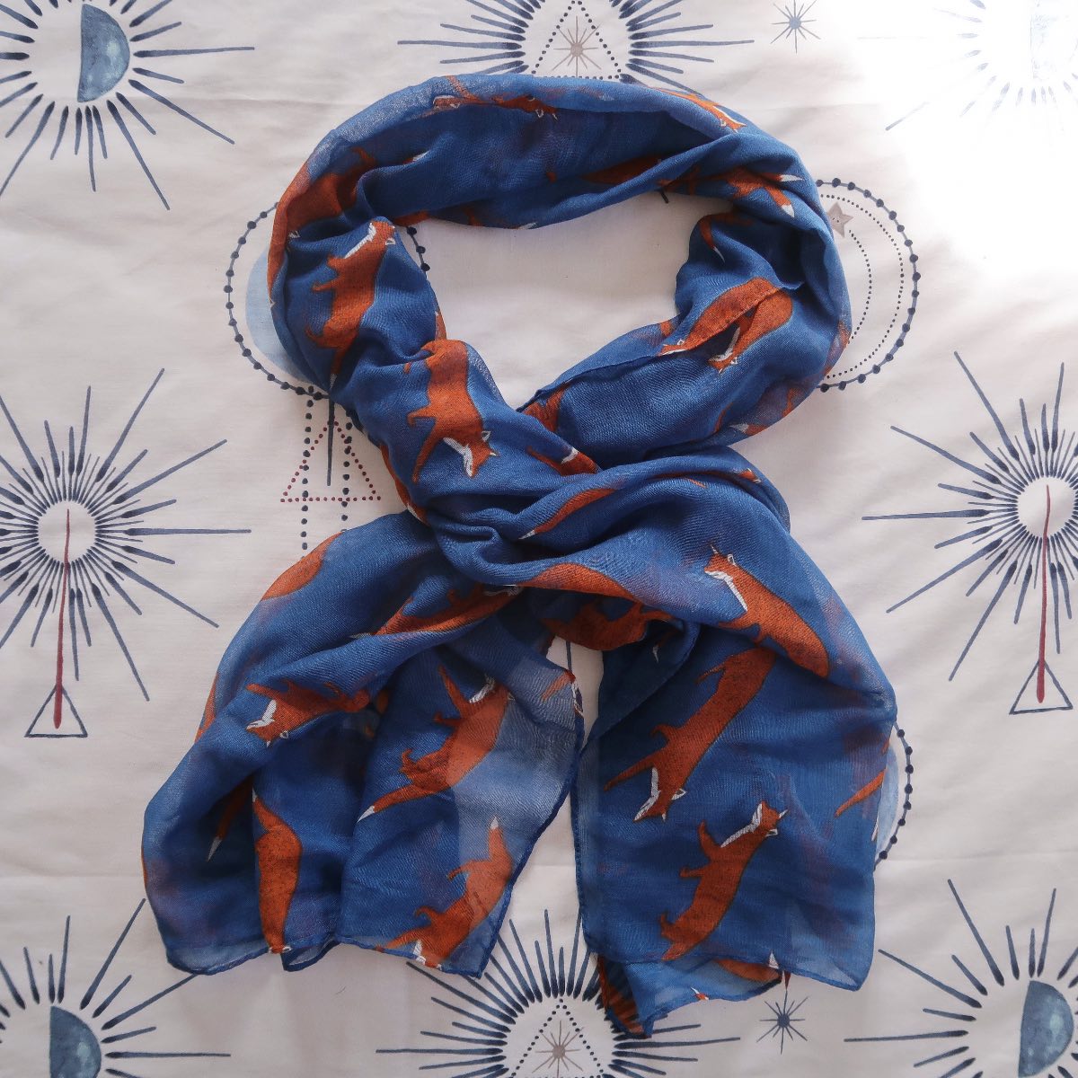 Blue Lightweight Scarf with Foxes
