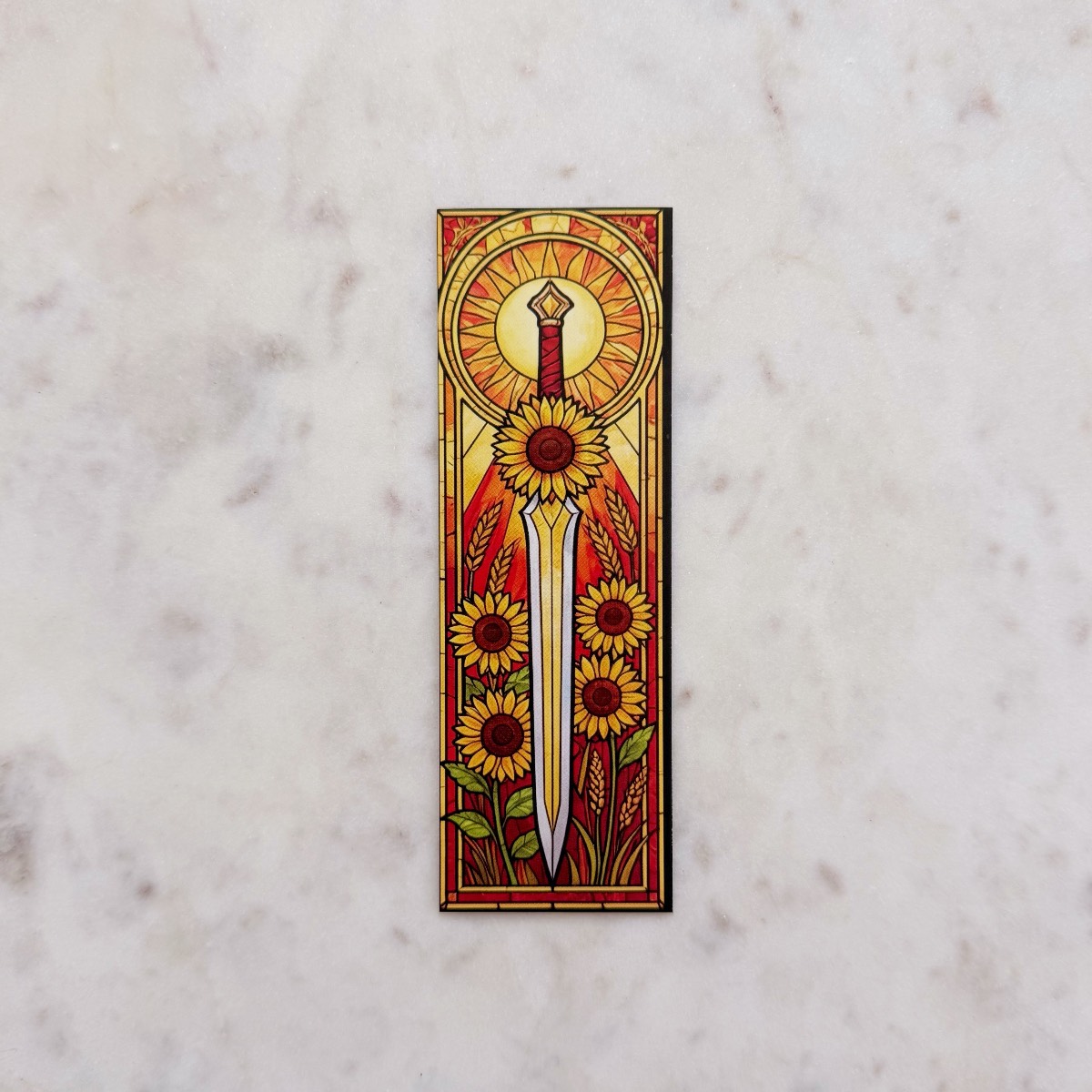 Stained Glass Window with Sword and Sunflowers Card Bookmark
