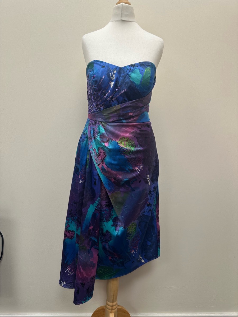 Vintage Debut Beaded Y2K Strapless Dress Blue Purple Abstract Print Size 8.
