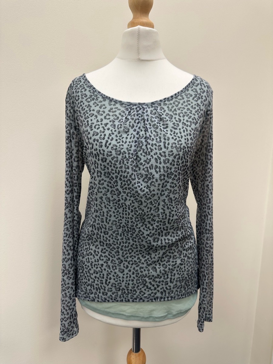 Comma Blue Grey Leopard Print Long Sleeve Mesh Top UK 10 Y2K Sheer Animal Print