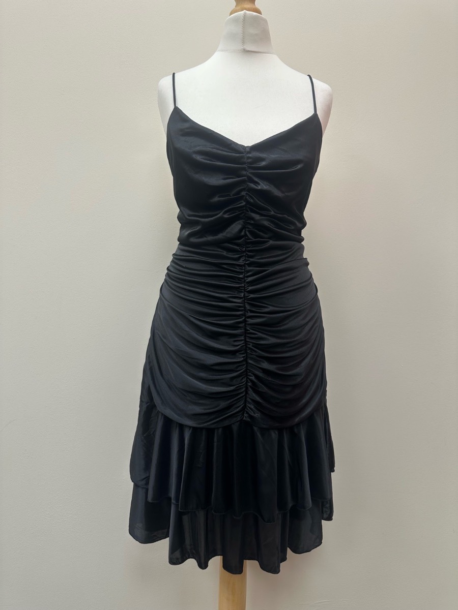 Kiki Y2K Black Satin Ruched Cami Mini Dress Layered Hem Size Large (12)