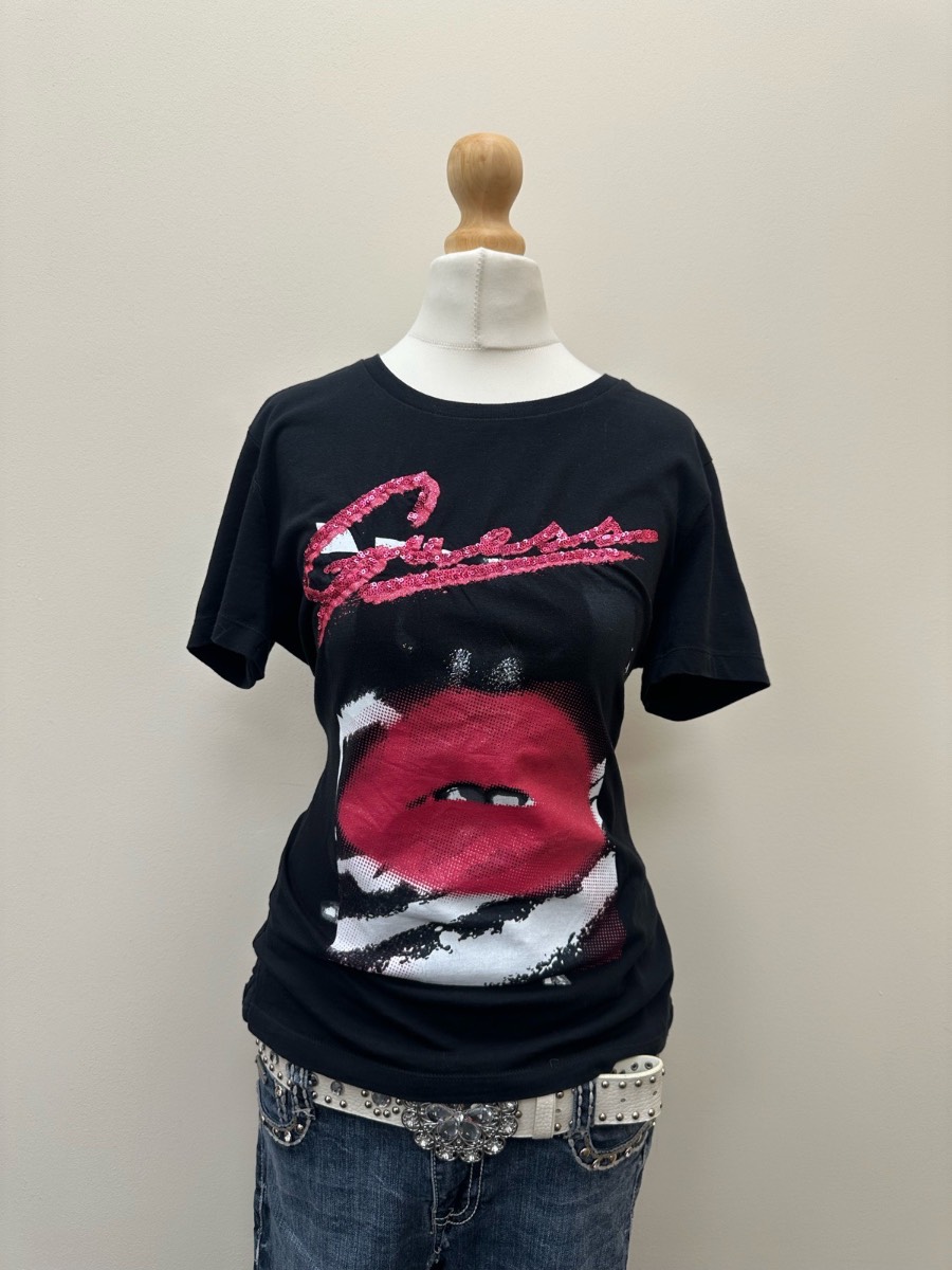 Guess Y2K Graphic Top Size 10 Sequin Pink Black