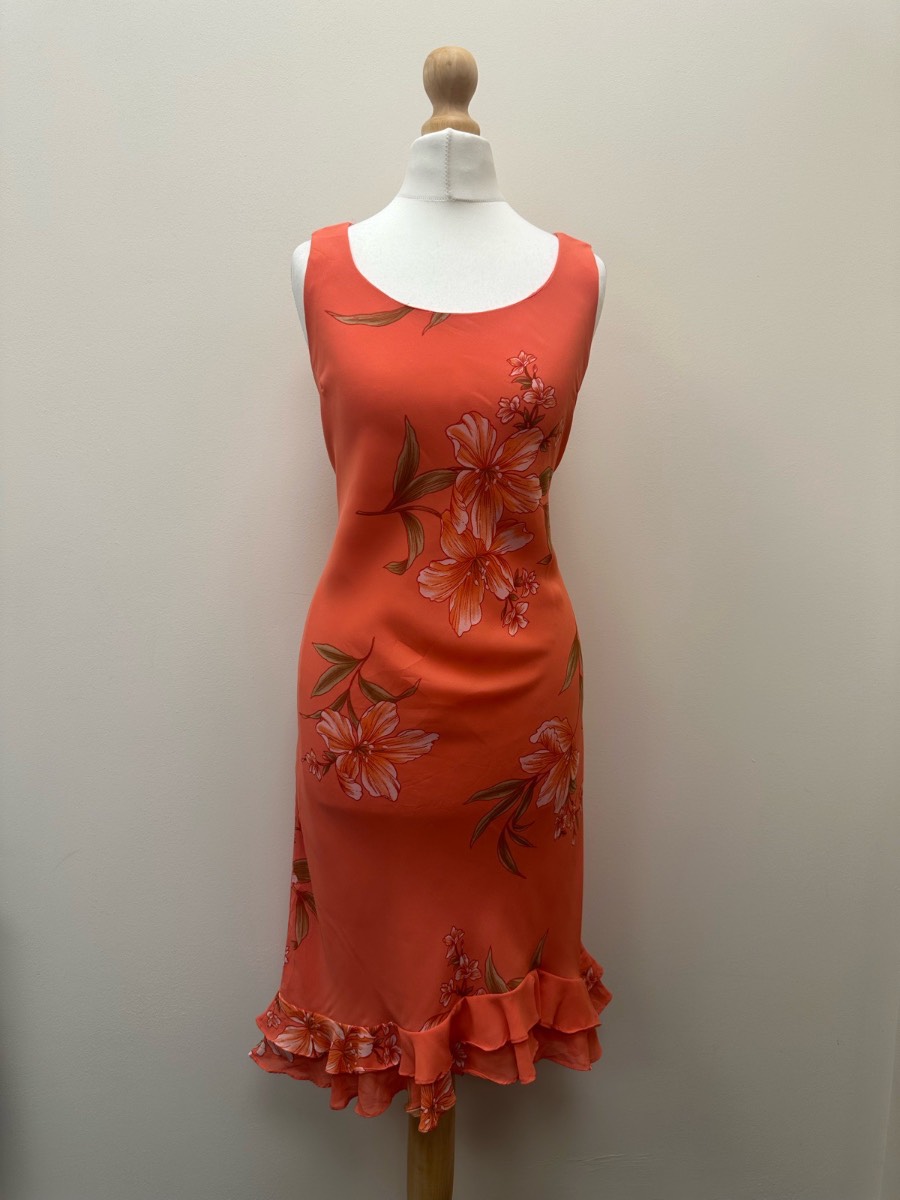 Studio I Euro Summer Y2K Coral Tropical Floral Ruffle Hem Midi Dress US 6 UK 10