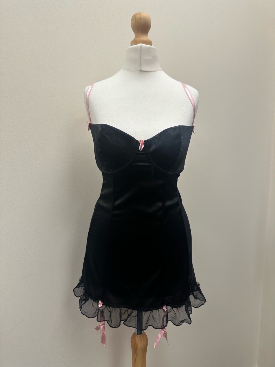 Dreamgirl Black Satin Mesh Y2K Babydoll Cami Pink Bow Open Back Size Large 12