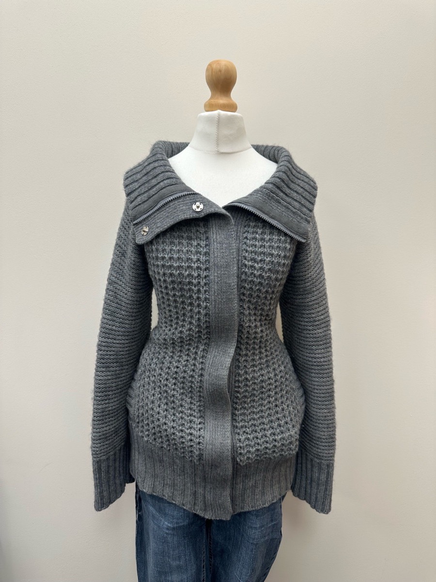 Vintage Topshop Grey Alpaca Blend Y2K Chunky Knit Zip Cardigan Funnel Neck Size 10