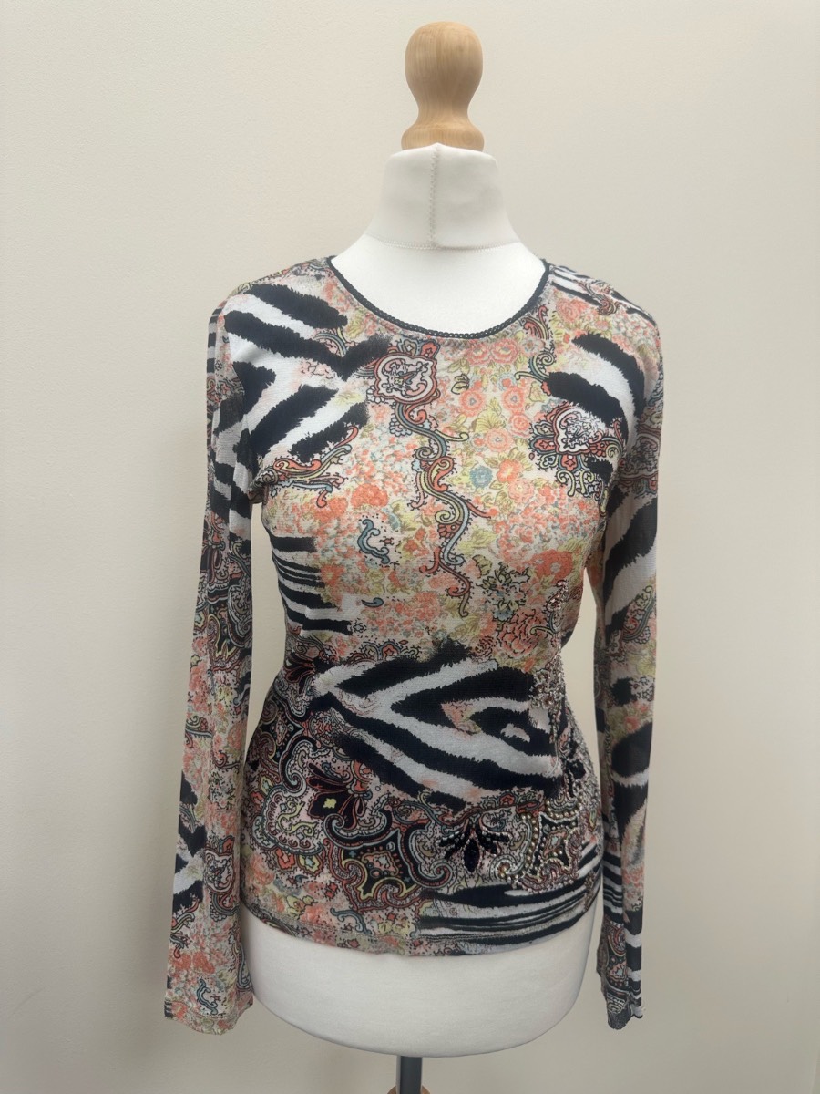 Margittes Y2K Zebra Paisley Floral Mesh Beaded Long Sleeve Top Size 8