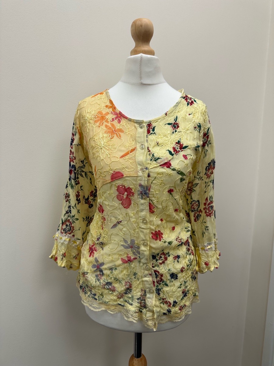 Book Fairy Floral Embroidered Lace Trim Sheer Blouse Size 12