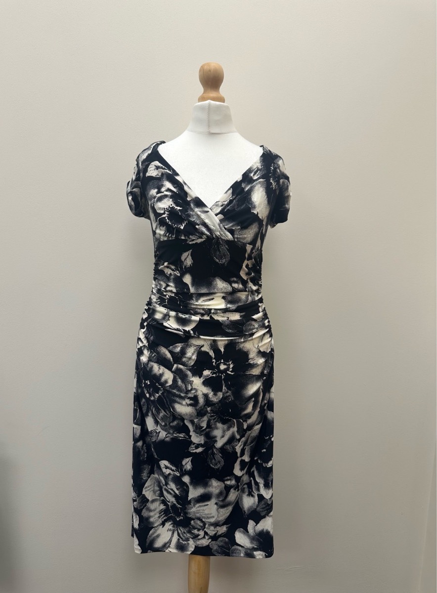 American Living Y2K Monochrome Floral Bodycon Midi Dress US 6 UK 10