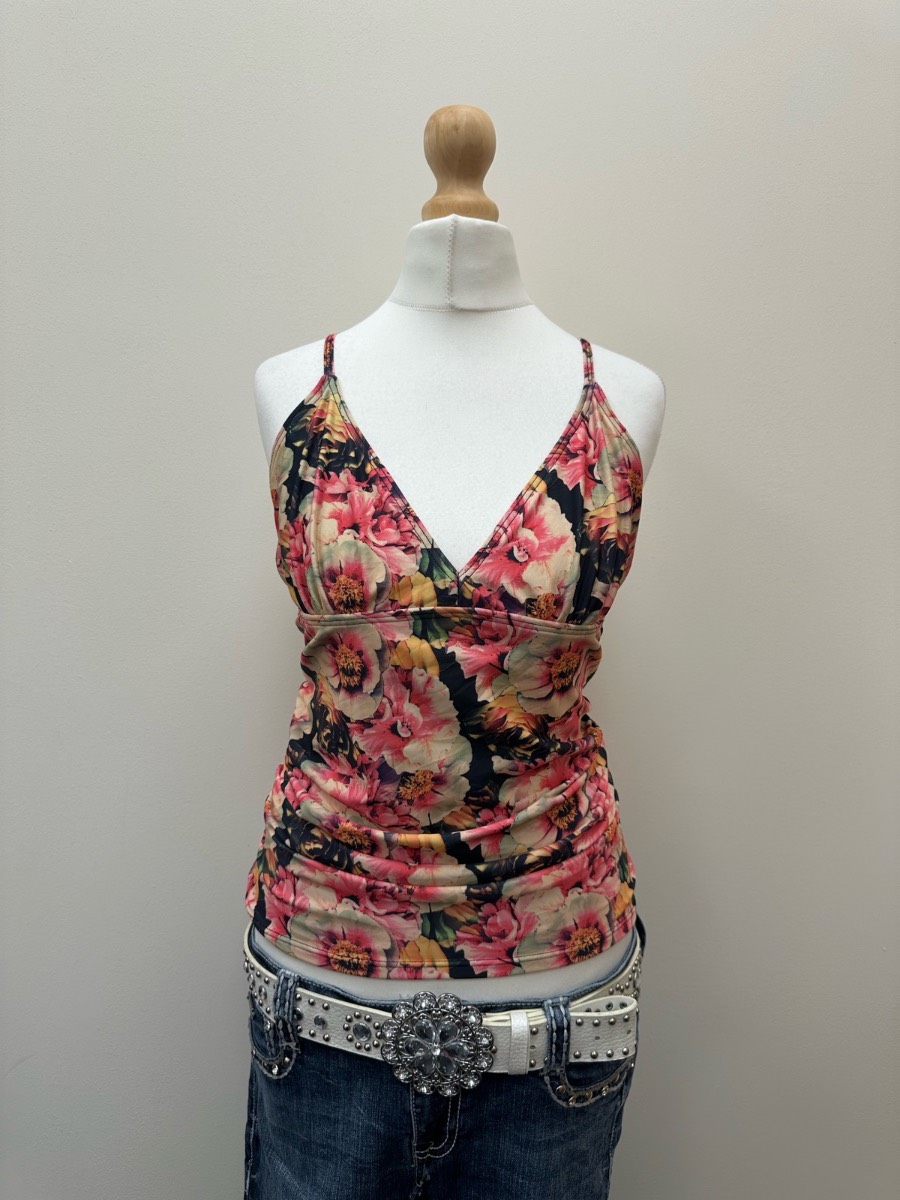 Y2K Pink Floral Ruched Tankini Cami Top Size 10
